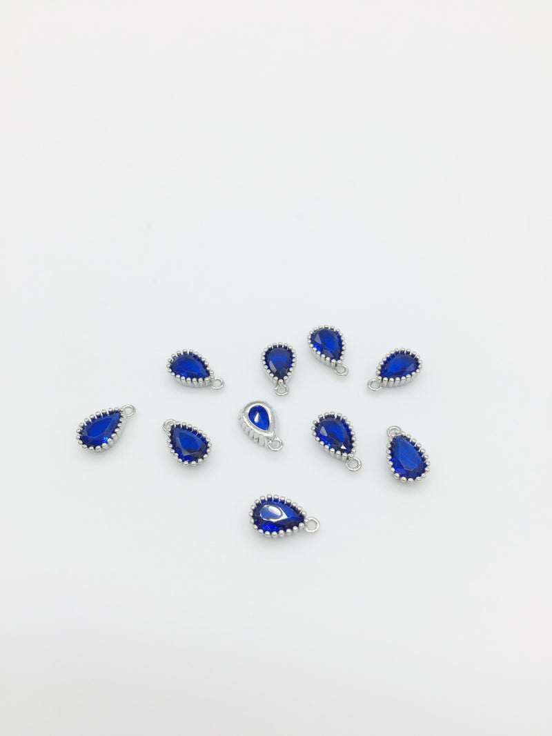 1 x Rhodium Plated Sapphire Blue Cubic Zirconia Teardrop Charm, 5x8mm (3888)