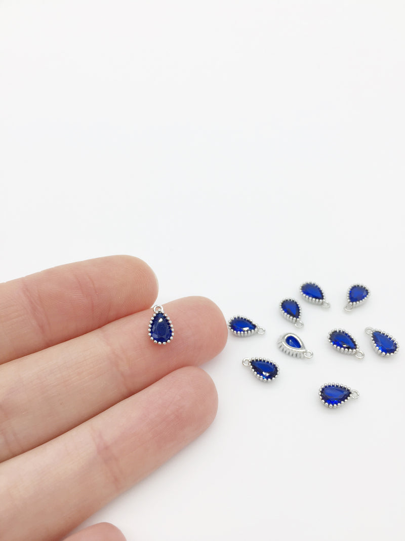 1 x Rhodium Plated Sapphire Blue Cubic Zirconia Teardrop Charm, 5x8mm (3888)