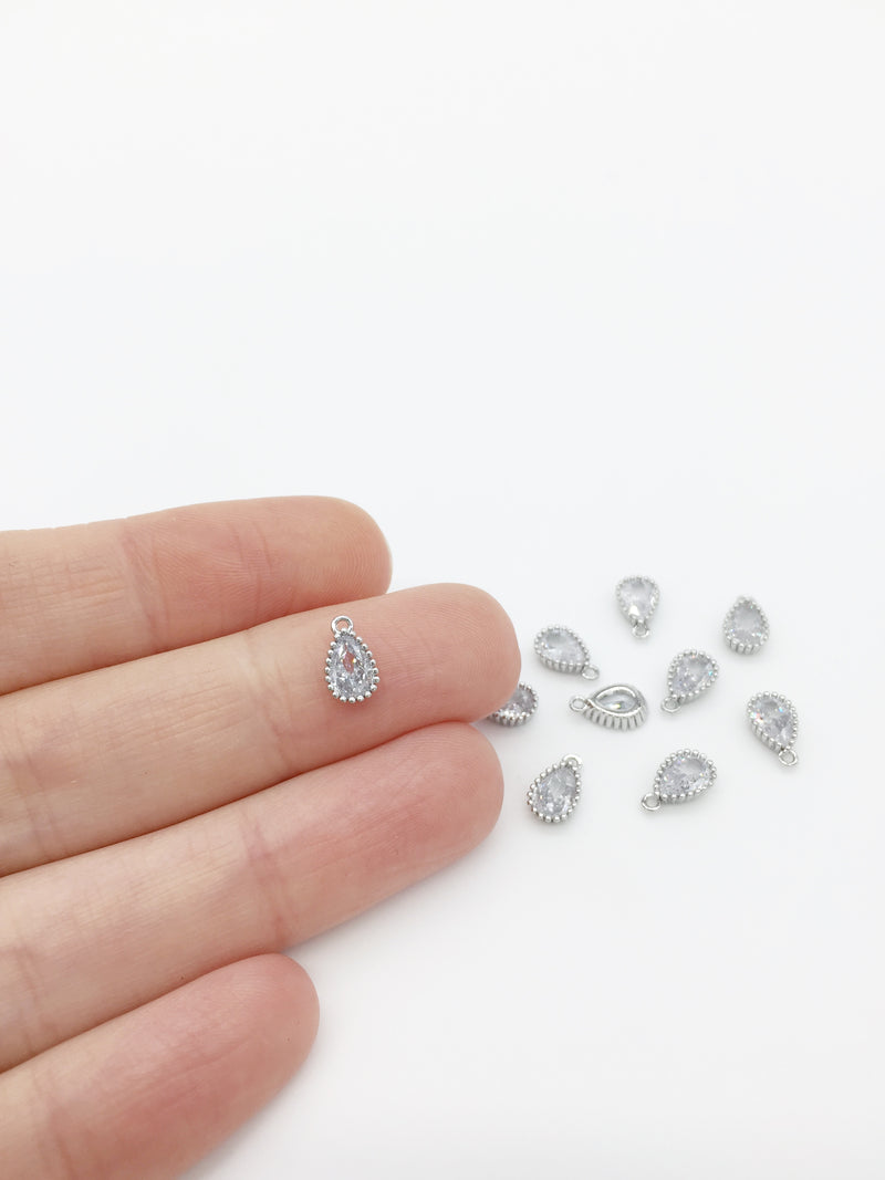 1 x Rhodium Plated Clear Cubic Zirconia Teardrop Charm, 5x8mm (3886)