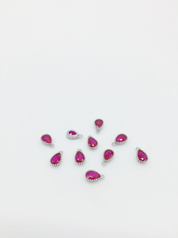 1 x Rhodium Plated Ruby Red Cubic Zirconia Teardrop Charm, 5x8mm (3894)