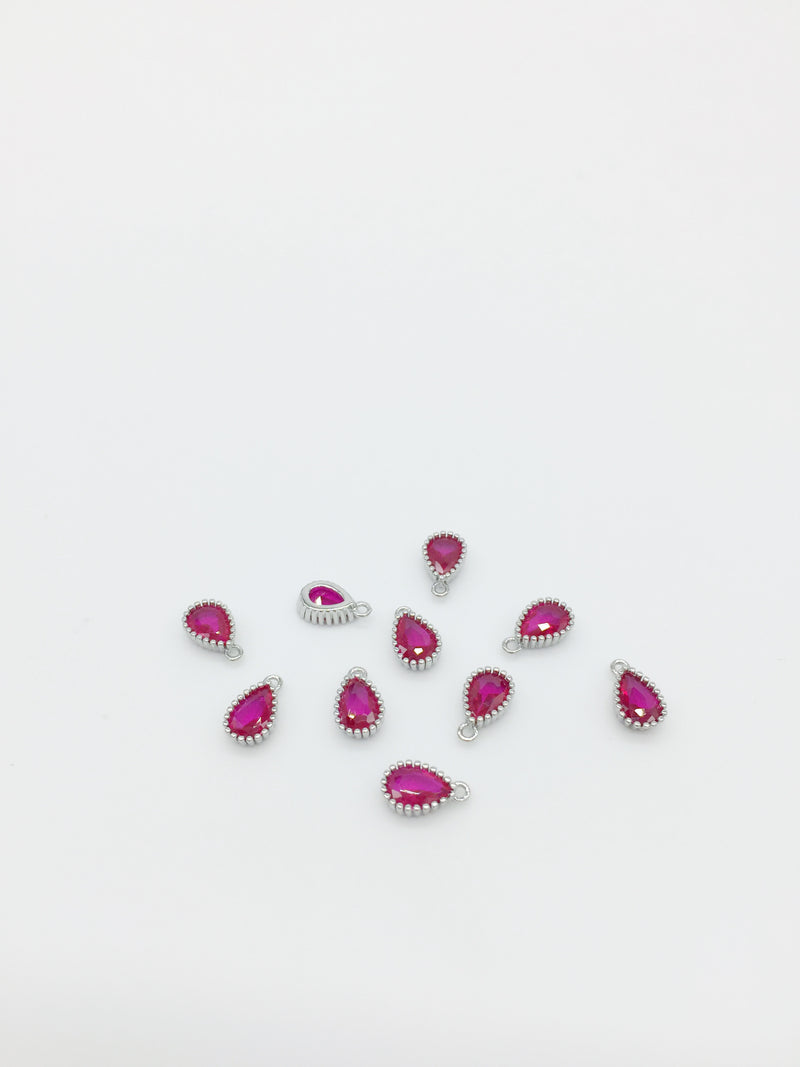 1 x Rhodium Plated Ruby Red Cubic Zirconia Teardrop Charm, 5x8mm (3894)