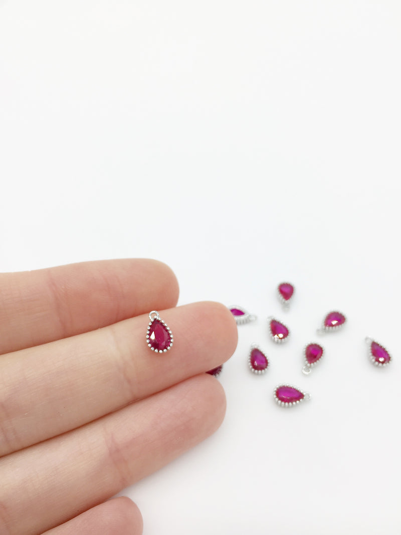 1 x Rhodium Plated Ruby Red Cubic Zirconia Teardrop Charm, 5x8mm (3894)