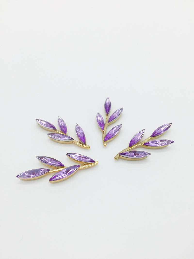 2 x Gold Tone Purple Crystal Branch Embellishments, 35x15mm