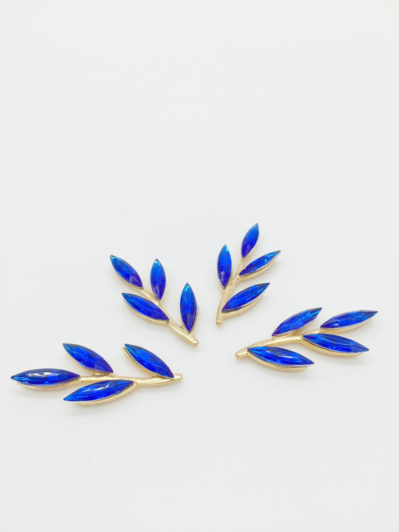 2 x Gold Tone Royal Blue Crystal Branch Embellishments, 35x15mm