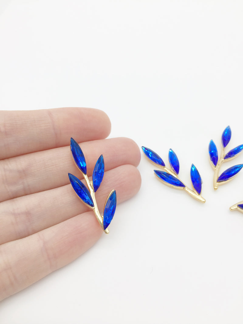 2 x Gold Tone Royal Blue Crystal Branch Embellishments, 35x15mm