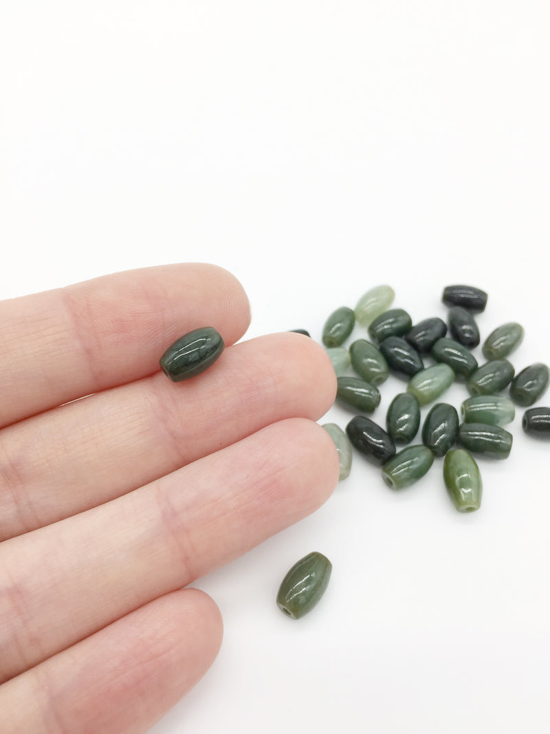 2 x Green Jade Gemstone Rice Shaped Beads, 9x6mm (3920)