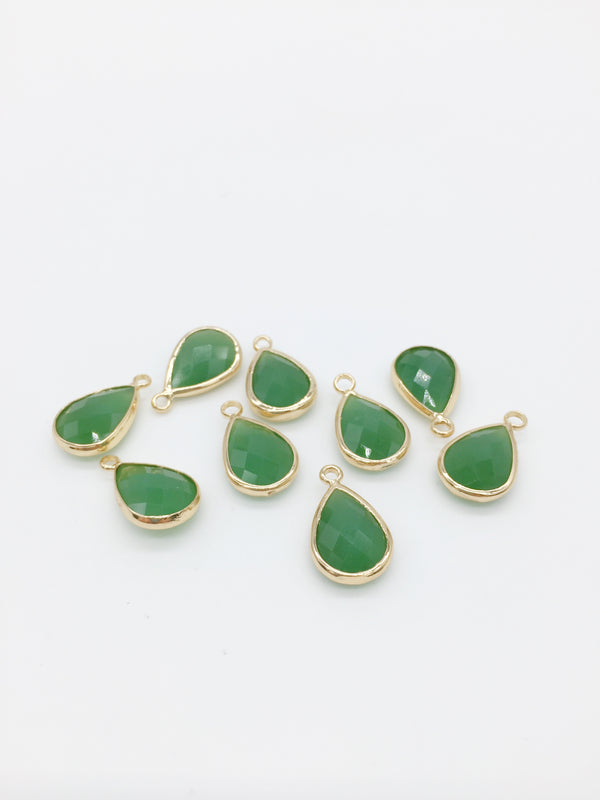 2 x Gold Plated Opaque Green Faceted Glass Teardrop Pendants, 18x11mm (3744)