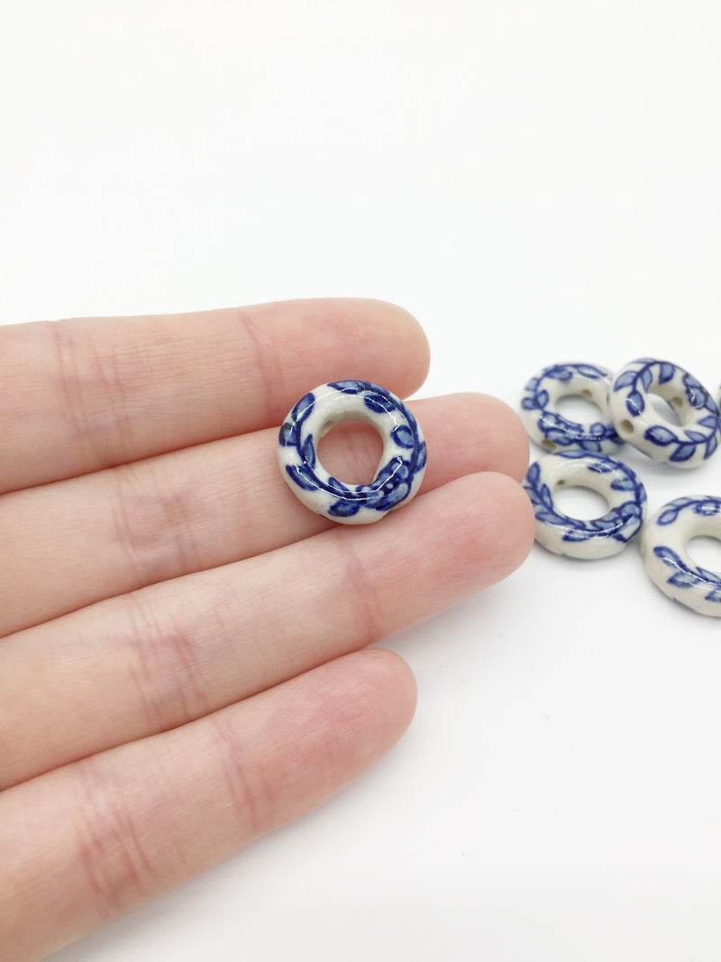 2 x Ring Shaped Off-white Ceramic Beads with Blue Floral Pattern, 19mm (3873)