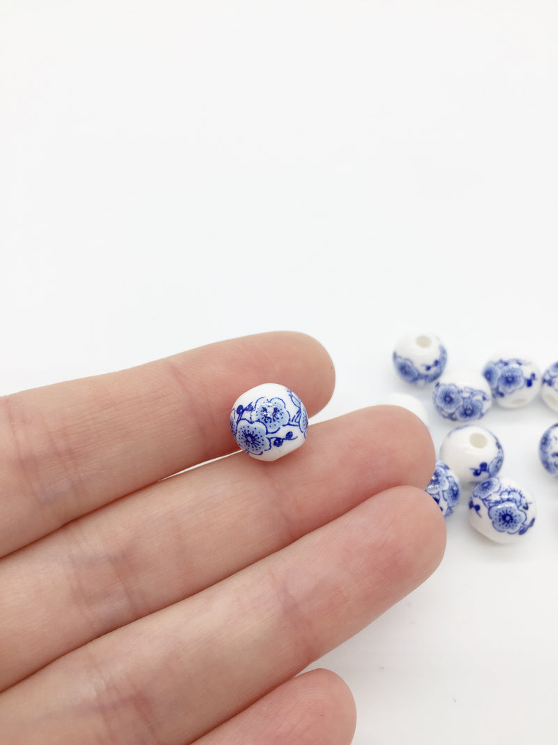 10 x Round White Ceramic Beads with Blue Floral Pattern, 10mm (3878)