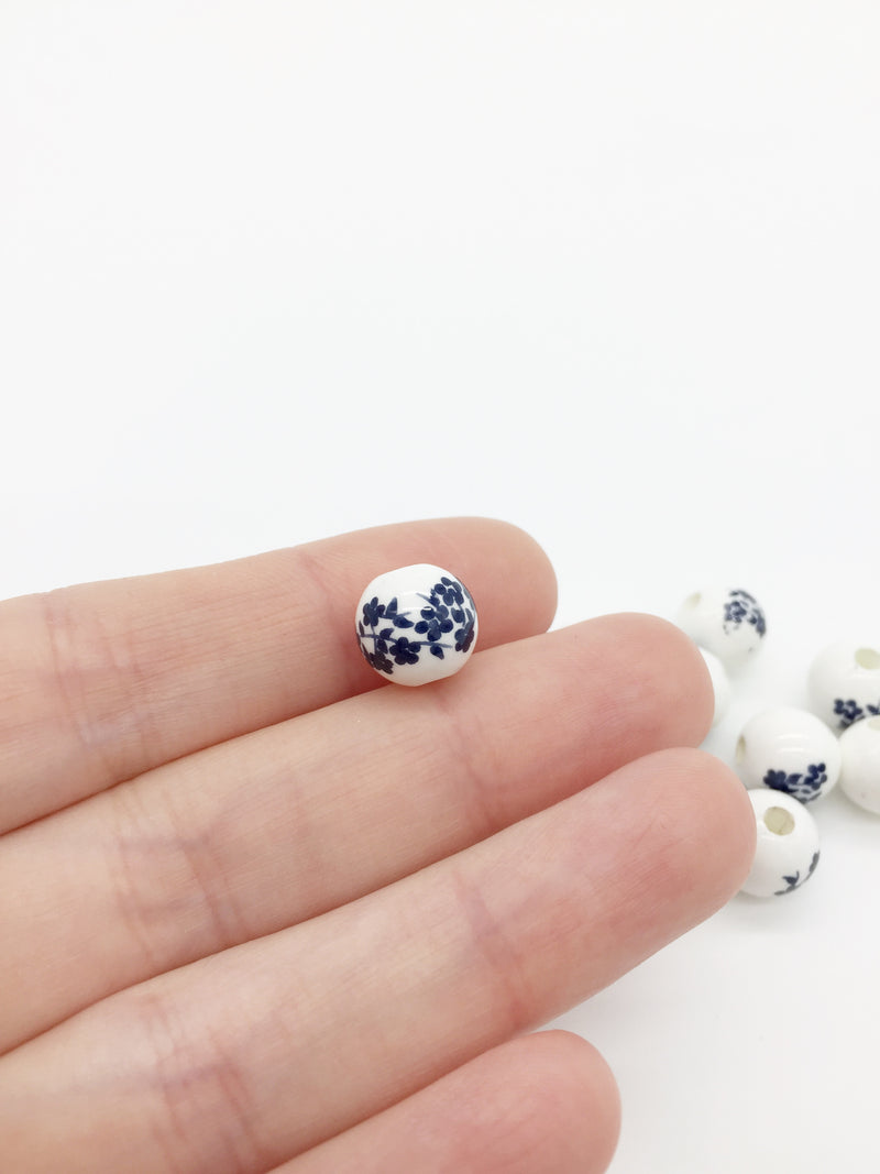 10 x Round White Ceramic Beads with Navy Blue Floral Pattern, 10mm (3876)