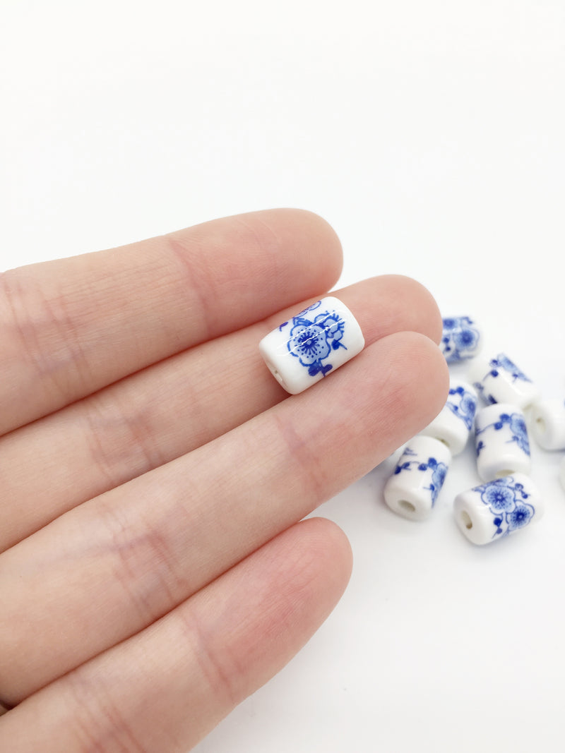 10 x Column Shaped White Ceramic Beads with Blue Floral Pattern, 12x8mm (3877)