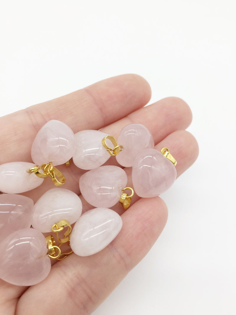 1 x Puffy Heart Rose Quartz Pendant with Gold Plated Loop and Bail, 19x15mm (3959)