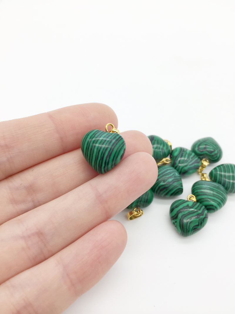 1 x Puffy Heart Malachite Pendant with Gold Plated Loop and Bail, 19x15mm (3961)