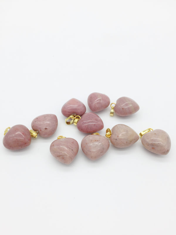 1 x Puffy Heart Pink Rhodonite Pendant with Gold Plated Loop and Bail, 19x15mm (3953)