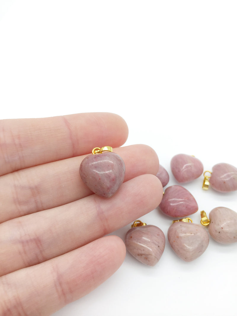 1 x Puffy Heart Pink Rhodonite Pendant with Gold Plated Loop and Bail, 19x15mm (3953)