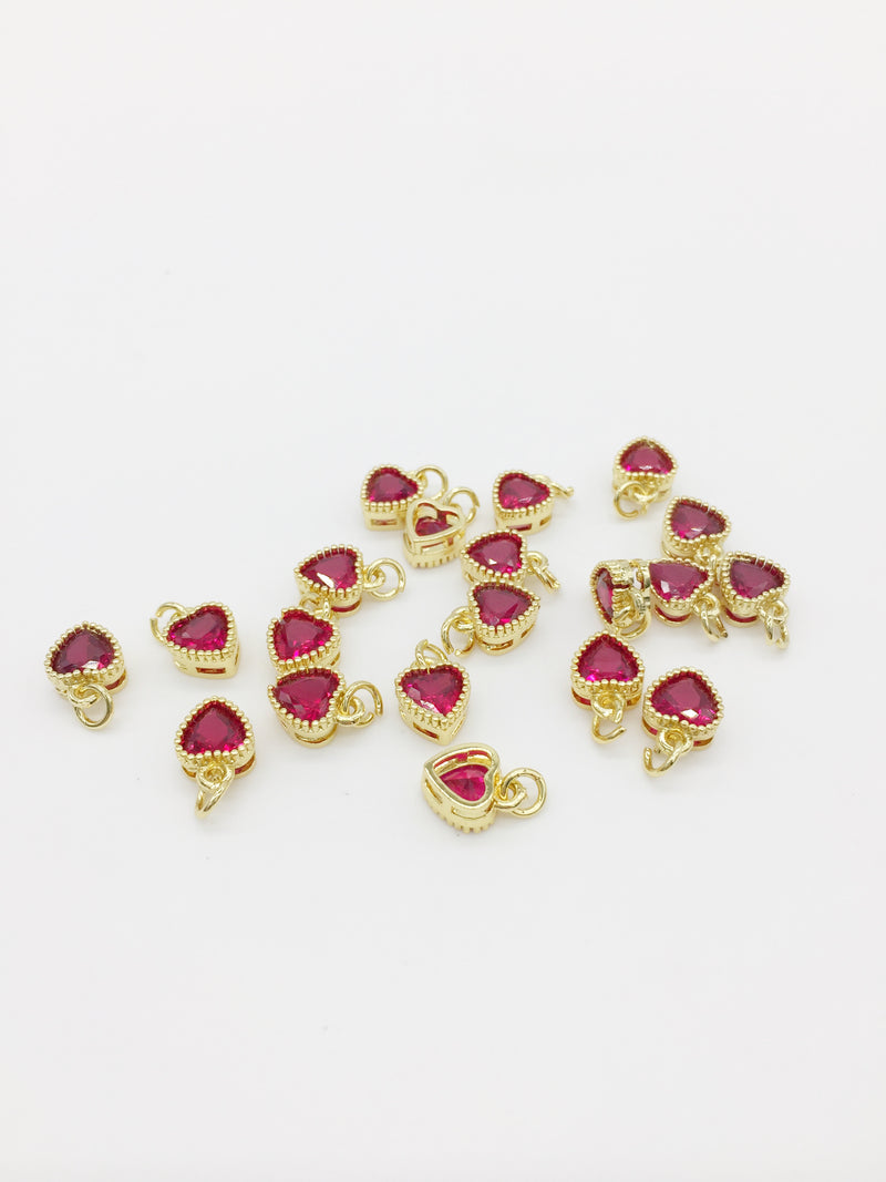 1 x 18K Gold Plated Ruby Red Cubic Zirconia Heart Charm, 9.5x7mm (3965)