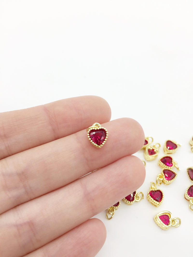 1 x 18K Gold Plated Ruby Red Cubic Zirconia Heart Charm, 9.5x7mm (3965)