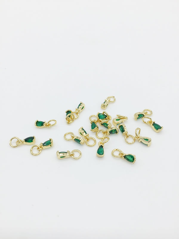 2 x Tiny 18K Gold Plated Emerald Green Teardrop Cubic Zirconia Charms with Jump Rings, 8x3mm (3972)