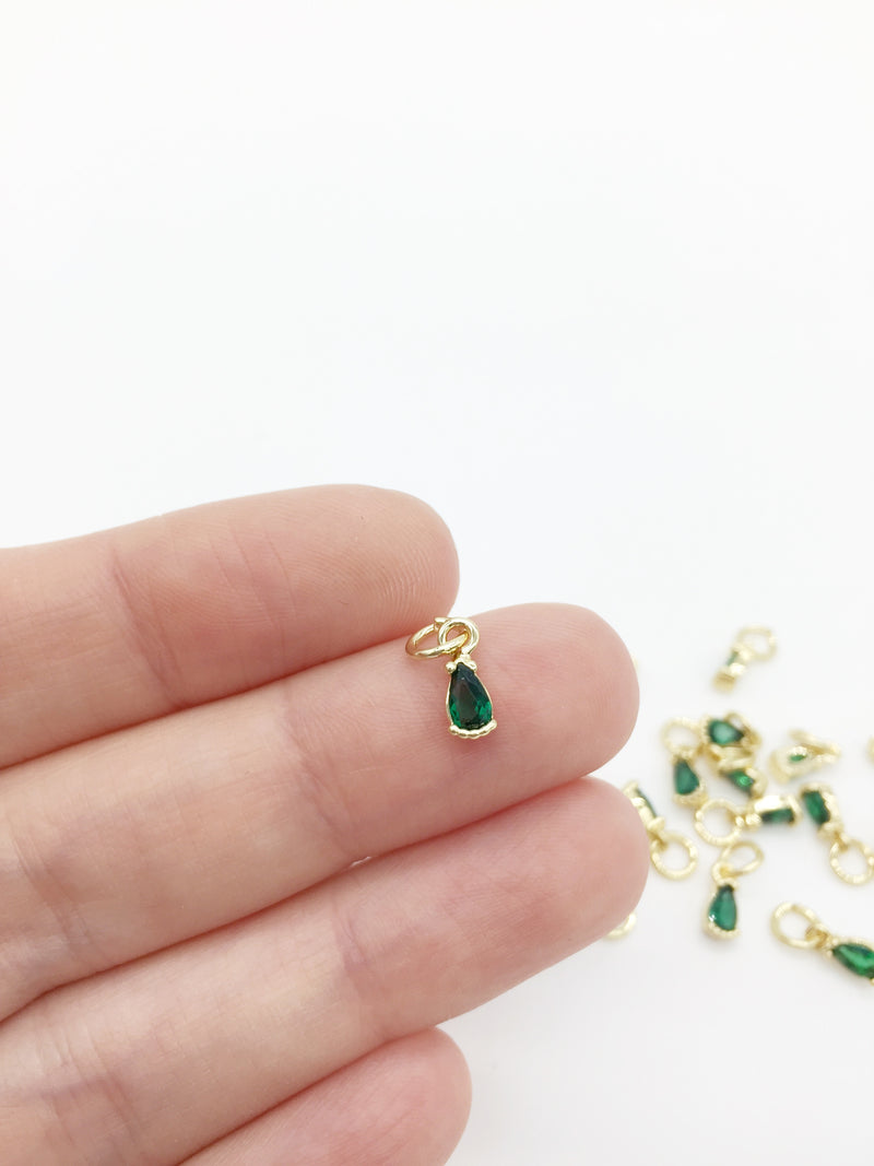 2 x Tiny 18K Gold Plated Emerald Green Teardrop Cubic Zirconia Charms with Jump Rings, 8x3mm (3972)