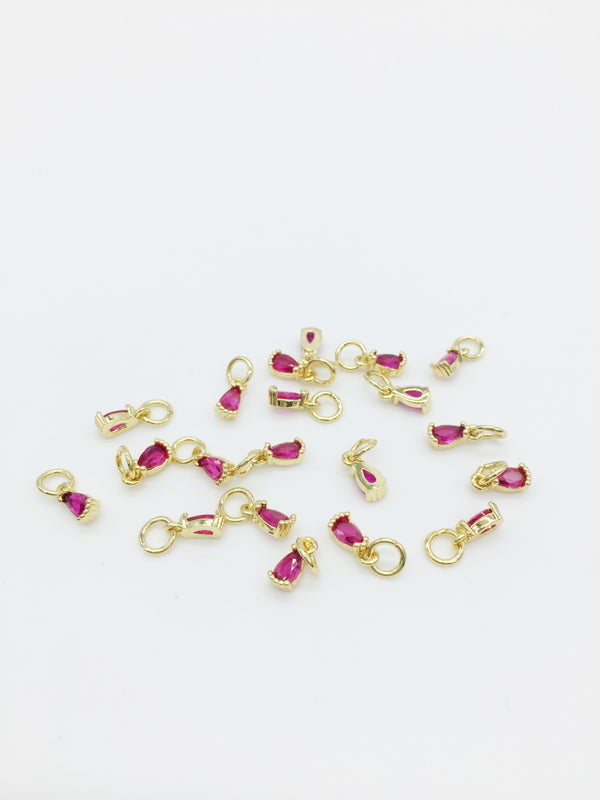 2 x Tiny 18K Gold Plated Deep Pink Teardrop Cubic Zirconia Charms with Jump Rings, 3x8mm (3967)