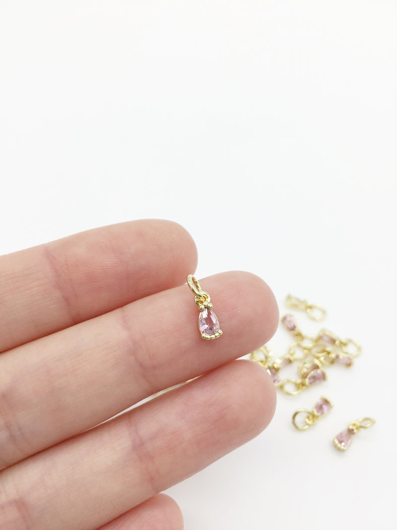 2 x Tiny 18K Gold Plated Light Pink Teardrop Cubic Zirconia Charms with Jump Rings, 3x8mm (3971)