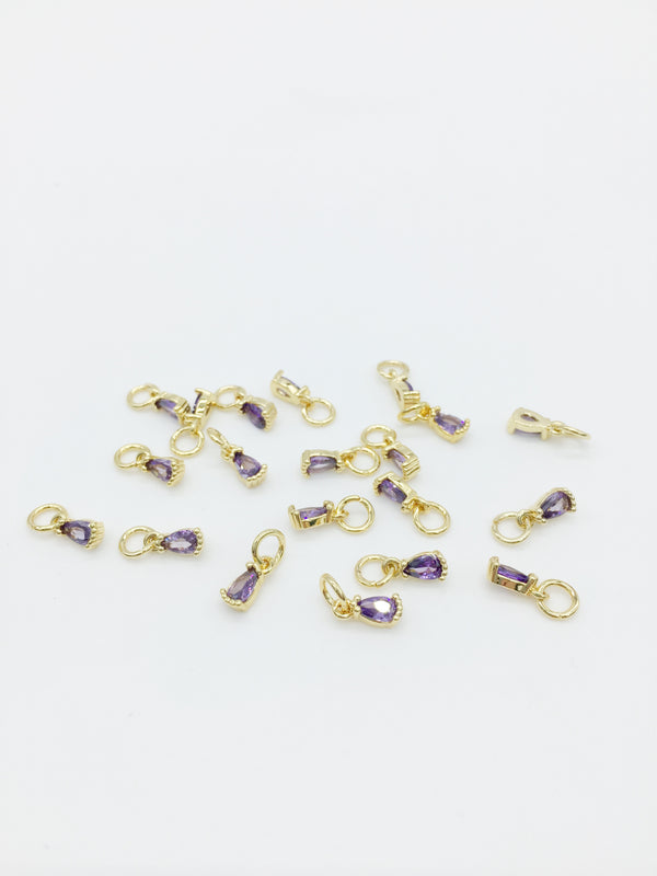 2 x Tiny 18K Gold Plated Purple Teardrop Cubic Zirconia Charms with Jump Rings, 3x8mm (3970)