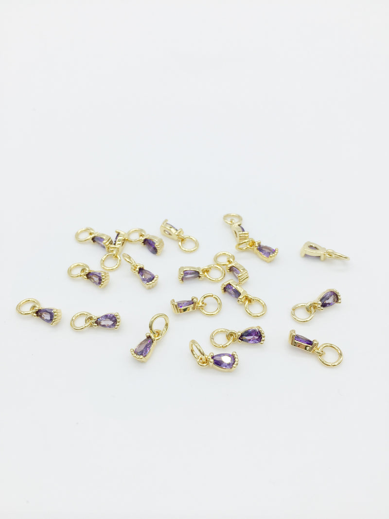 2 x Tiny 18K Gold Plated Purple Teardrop Cubic Zirconia Charms with Jump Rings, 3x8mm (3970)