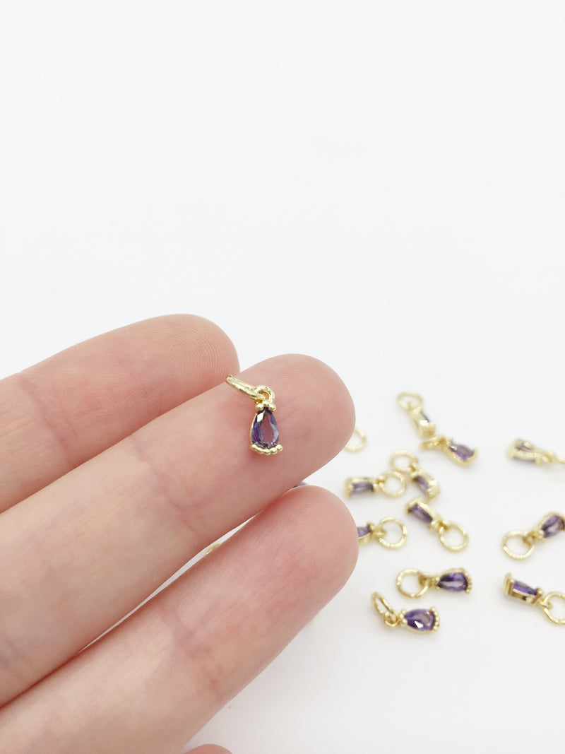 2 x Tiny 18K Gold Plated Purple Teardrop Cubic Zirconia Charms with Jump Rings, 3x8mm (3970)