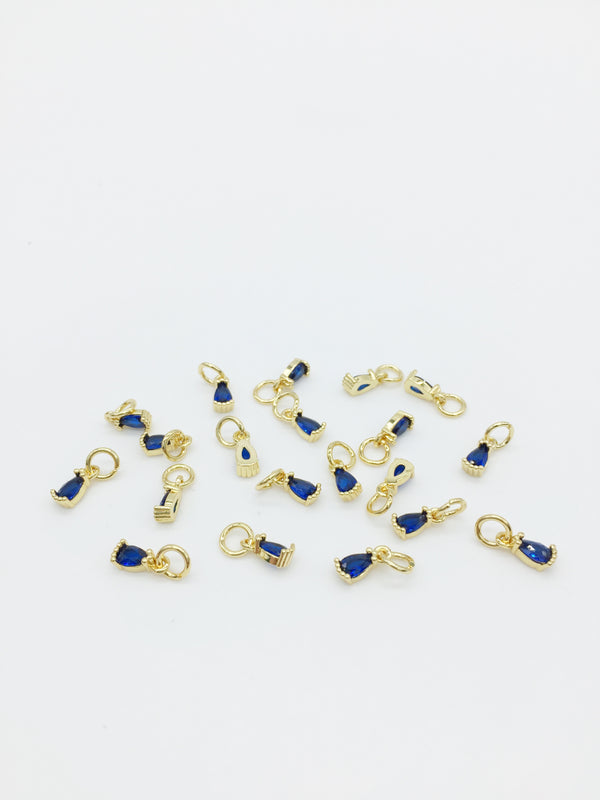 2 x Tiny 18K Gold Plated Blue Teardrop Cubic Zirconia Charms with Jump Rings, 3x8mm (3969)