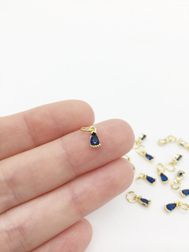 2 x Tiny 18K Gold Plated Blue Teardrop Cubic Zirconia Charms with Jump Rings, 3x8mm (3969)