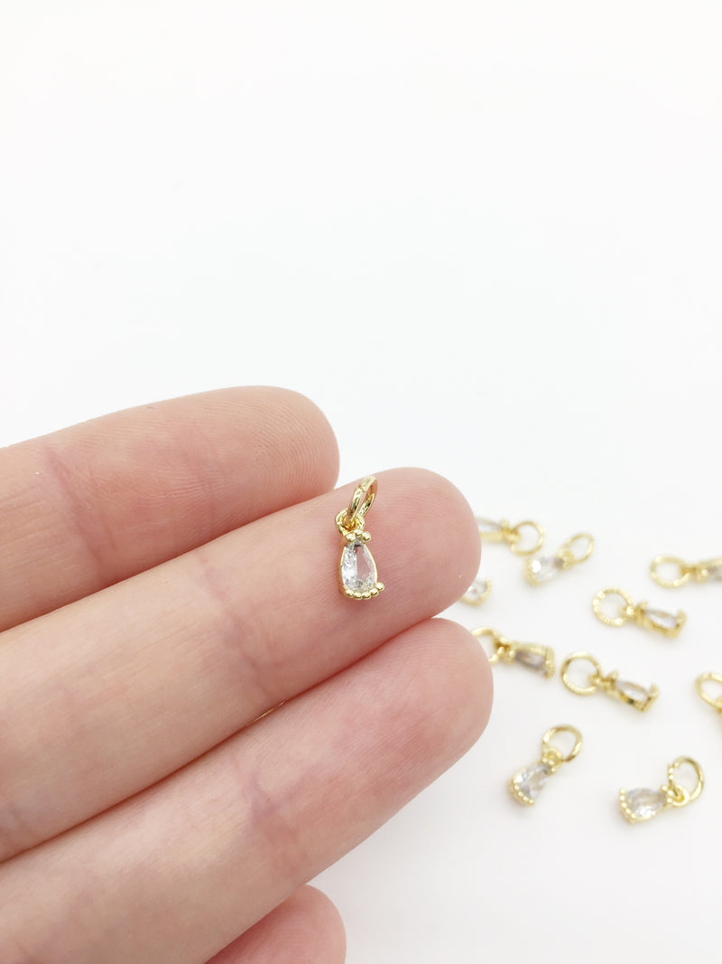 2 x Tiny 18K Gold Plated Clear Teardrop Cubic Zirconia Charms with Jump Rings, 3x8mm (3968)