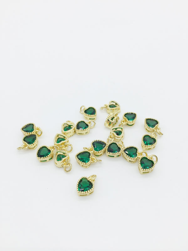 1 x 18K Gold Plated Emerald Green Cubic Zirconia Heart Charms, 9.5x7mm (3964)