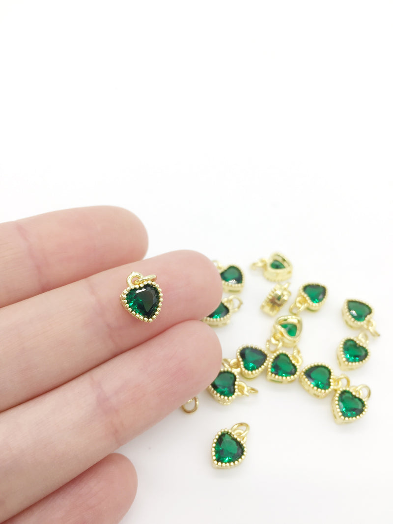 1 x 18K Gold Plated Emerald Green Cubic Zirconia Heart Charms, 9.5x7mm (3964)