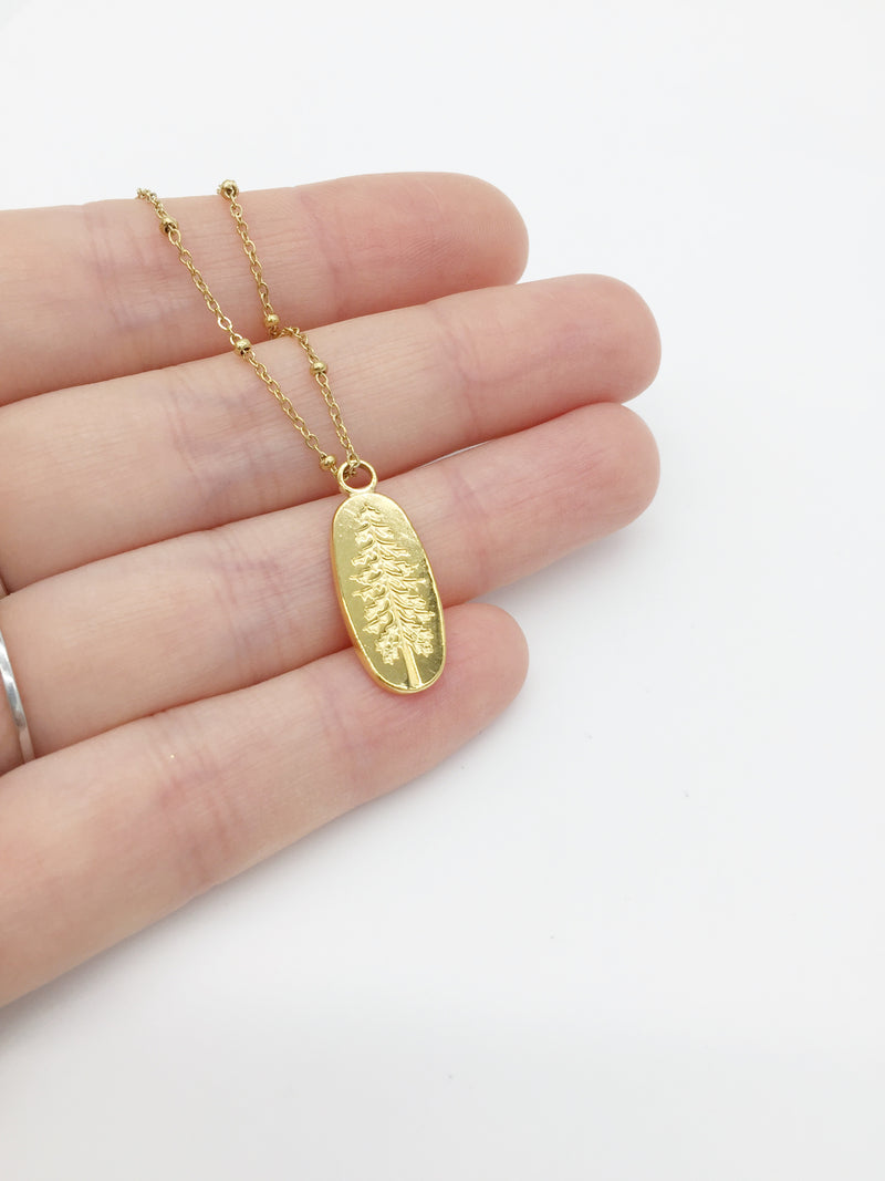 1 x 18K Gold Plated Stainless Steel Oval Pendant with Embossed Pine Tree Pattern, 24x10mm (3995)