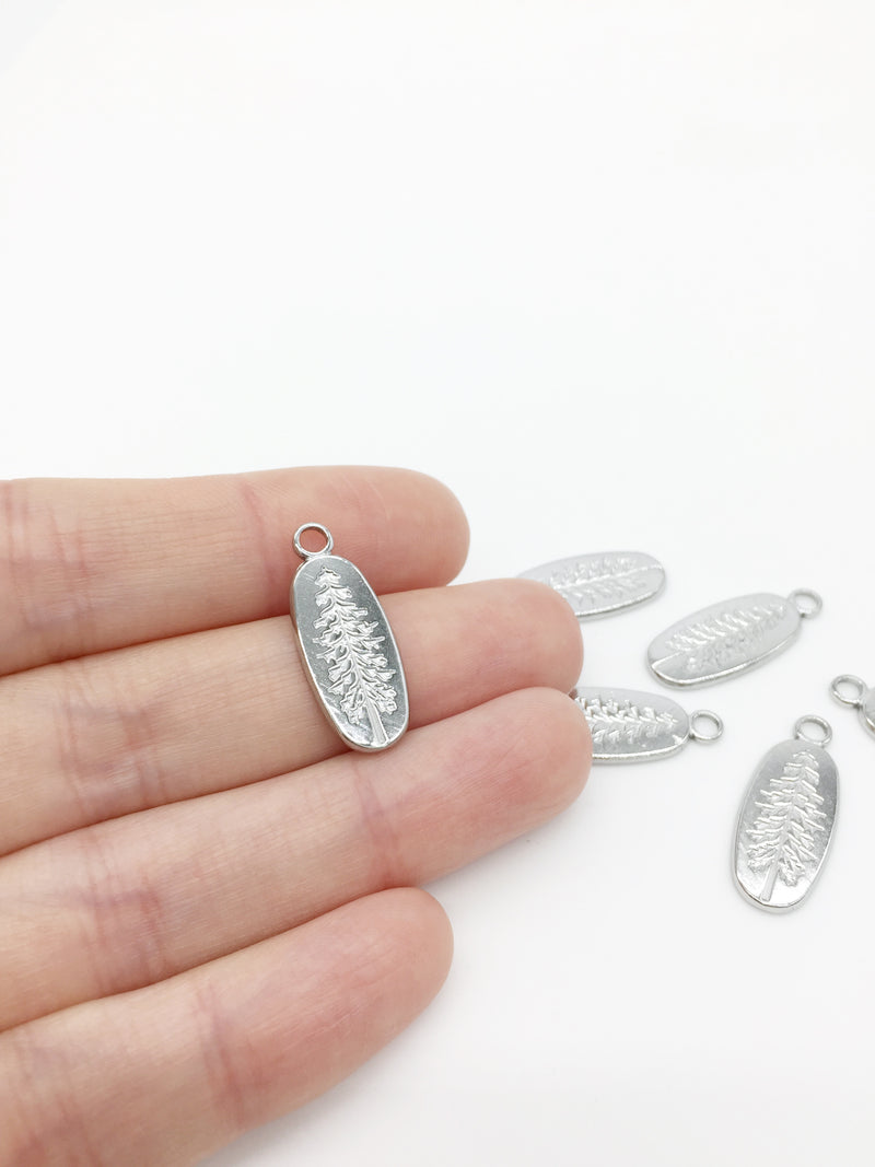 1 x Stainless Steel Oval Pendant with Embossed Pine Tree Pattern, 24x10mm (3996)