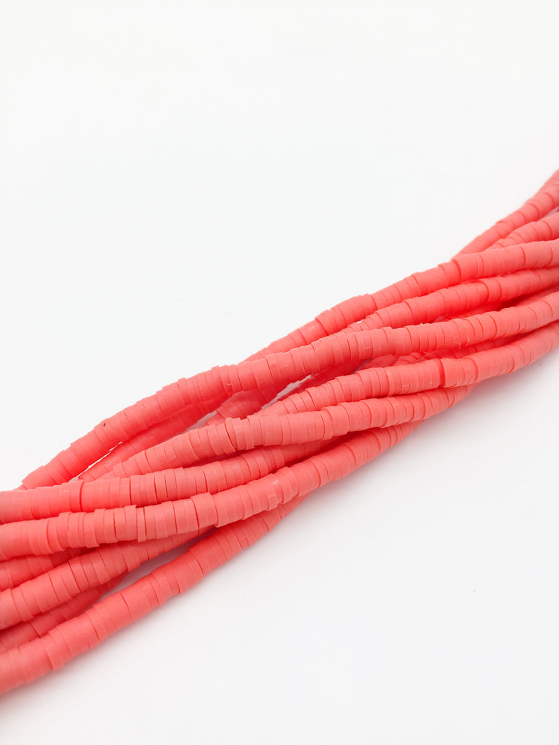 1 strand x 4mm Coral Red Clay Disc Beads, Vinyl Heishi Beads (3166)