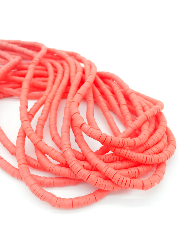 1 strand x 4mm Coral Red Clay Disc Beads, Vinyl Heishi Beads (3166)