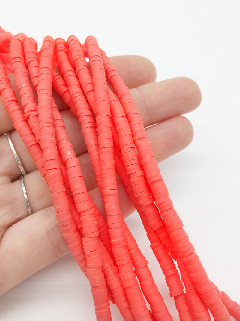 1 strand x 4mm Coral Red Clay Disc Beads, Vinyl Heishi Beads (3166)