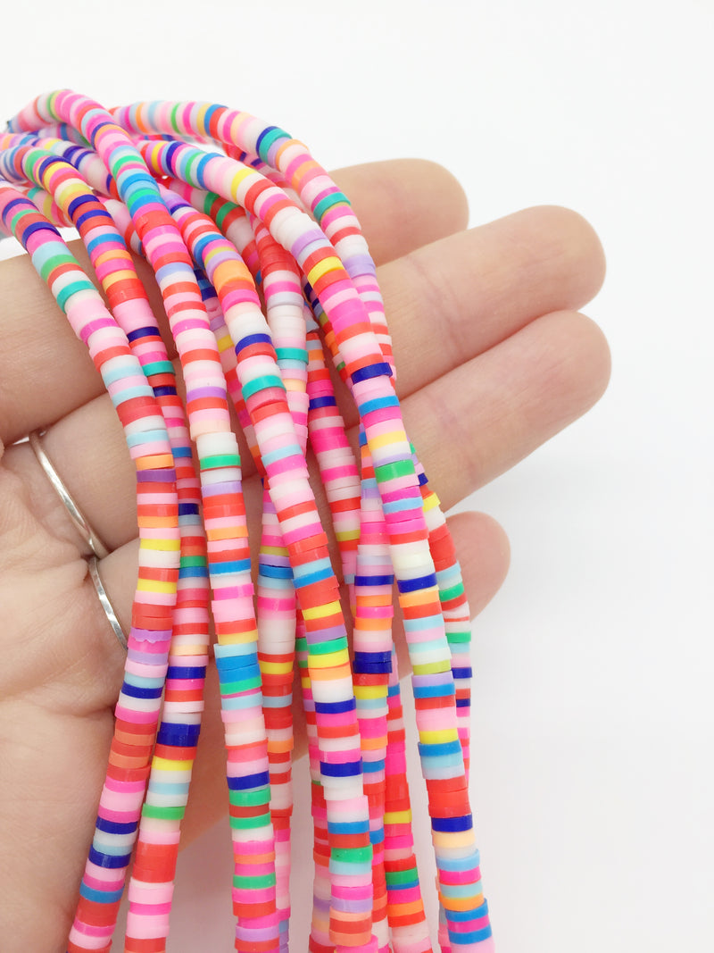 1 strand x 4mm Bright Multicoloured Polymer Clay Disc Beads, Vinyl Heishi Beads (3168)