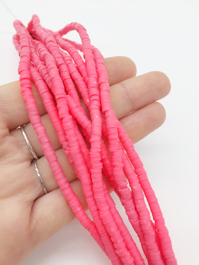 1 strand x 4mm Bright Neon Pink Polymer Clay Disc Beads, Vinyl Heishi Beads (3172)