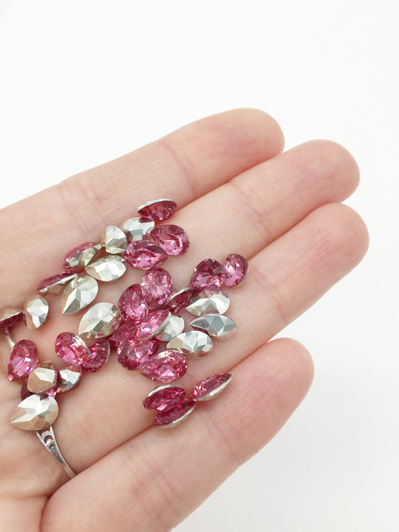 36 x 6x8mm Rose Pink Teardrop Rhinestones, Foiled Back (4083)