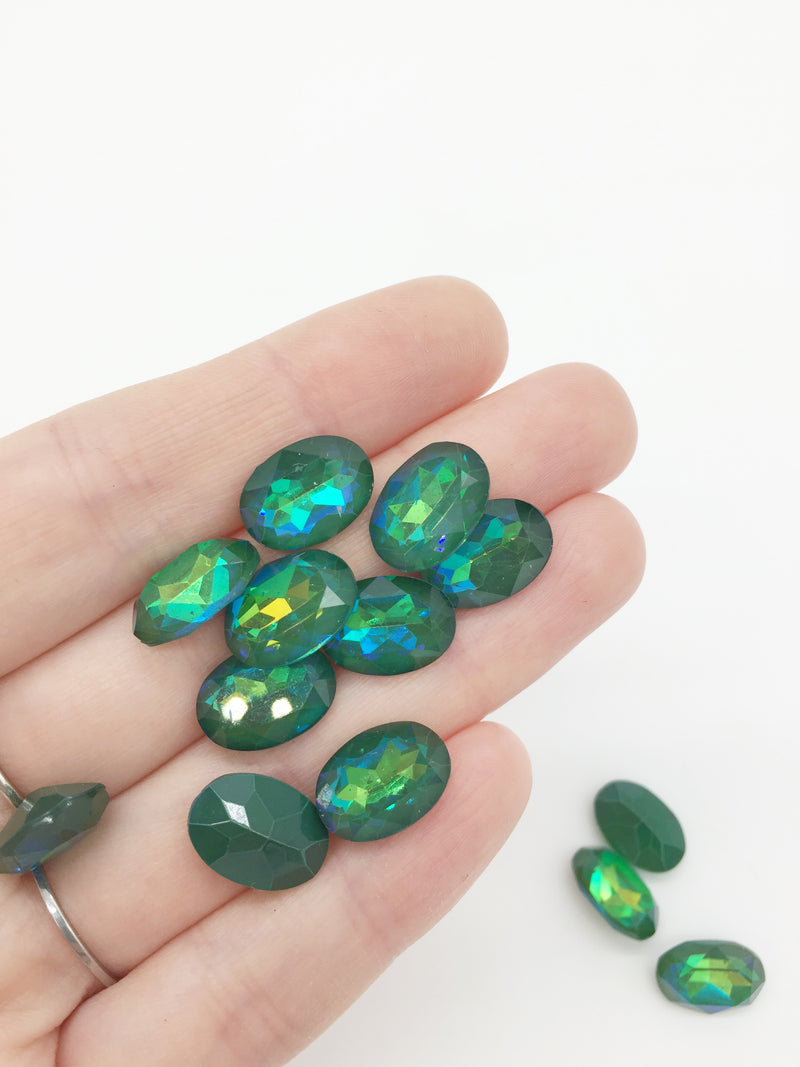 12 x 10x14mm Iridescent Emerald Green Oval Cut Rhinestones, Foiled Back (4089)