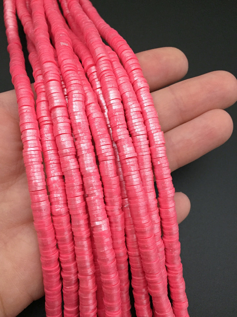 1 strand x 6mm Watermelon Pink Polymer Clay Beads with Silver Shimmer