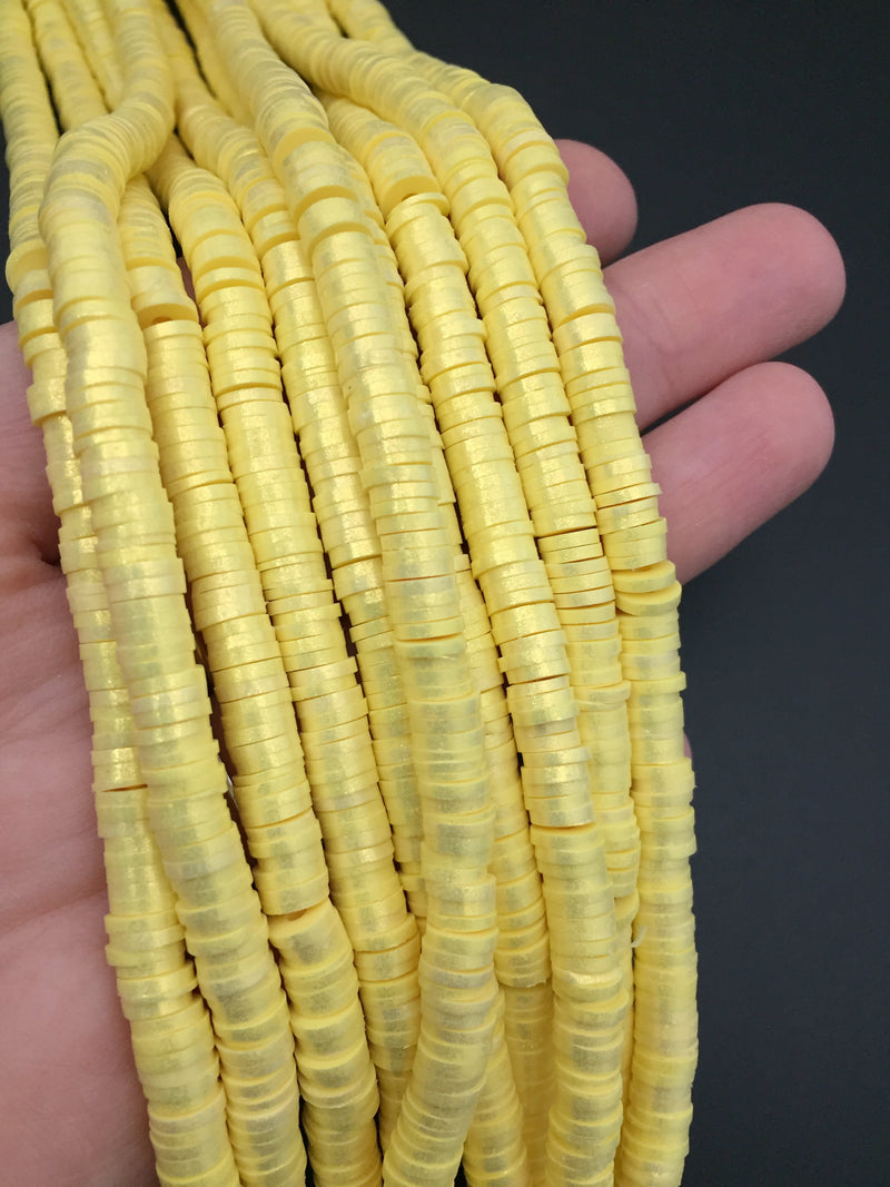 1 strand x 6mm Yellow Polymer Clay Beads with Gold Shimmer