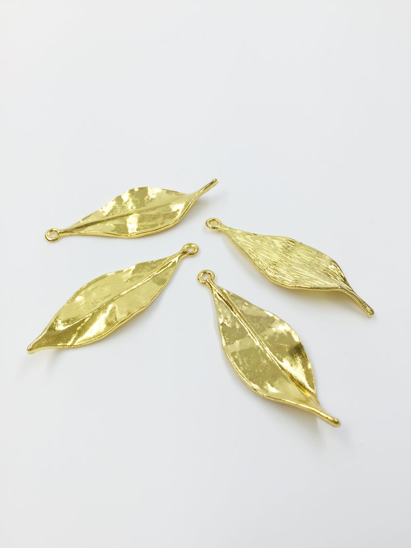 4 x Large Satin Gold Metal Leaf Pendants, 47x15mm (2384)