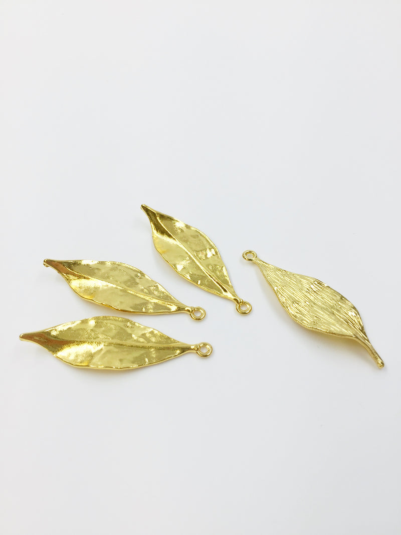 4 x Large Satin Gold Metal Leaf Pendants, 47x15mm (2384)