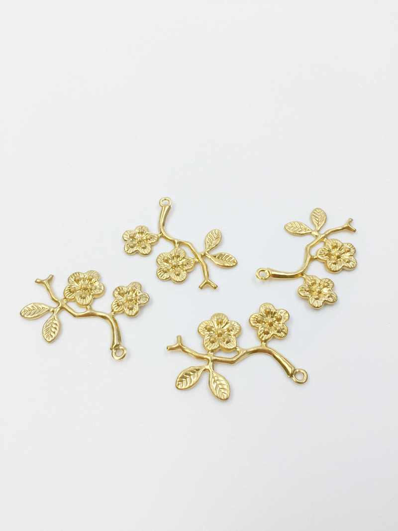 2 x Gold Plated Stainless Steel Sakura Flower Pendants, 27x19mm