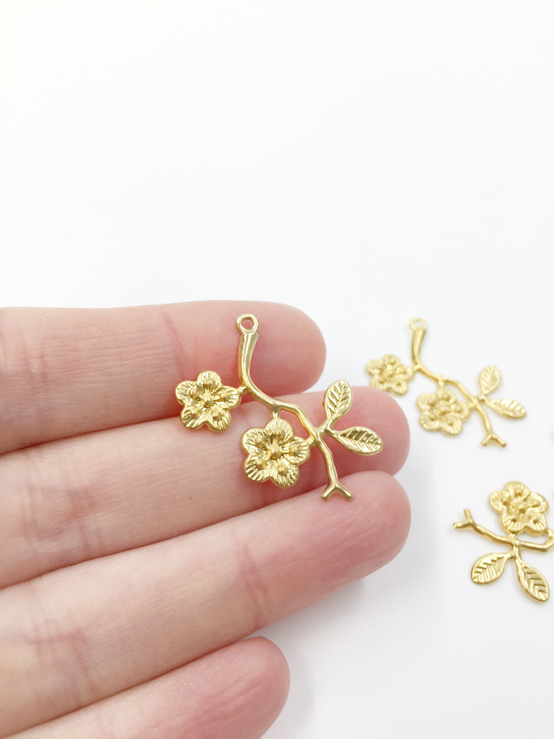 2 x Gold Plated Stainless Steel Sakura Flower Pendants, 27x19mm