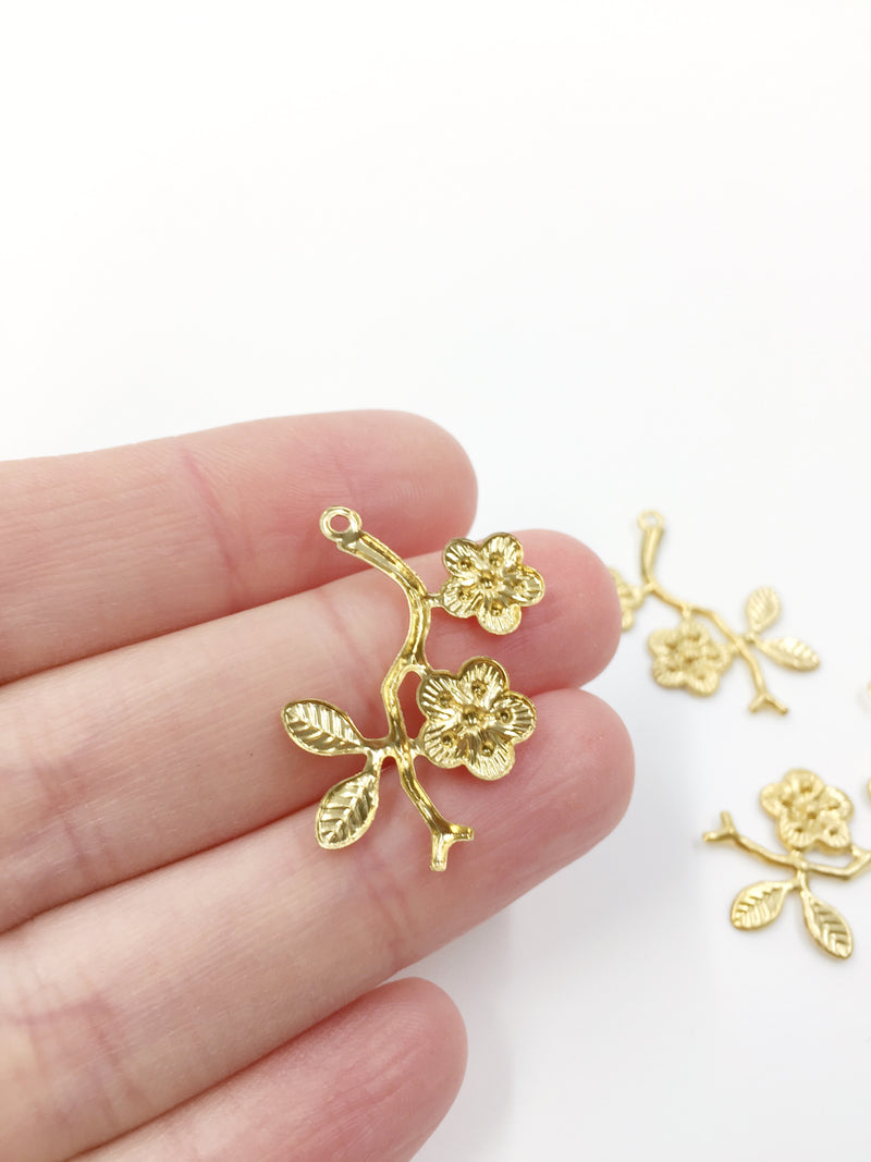 2 x Gold Plated Stainless Steel Sakura Flower Pendants, 27x19mm