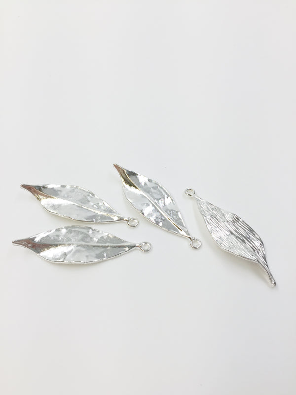 4 x Large Satin Silver Metal Leaf Pendants, 47x15mm (2384)